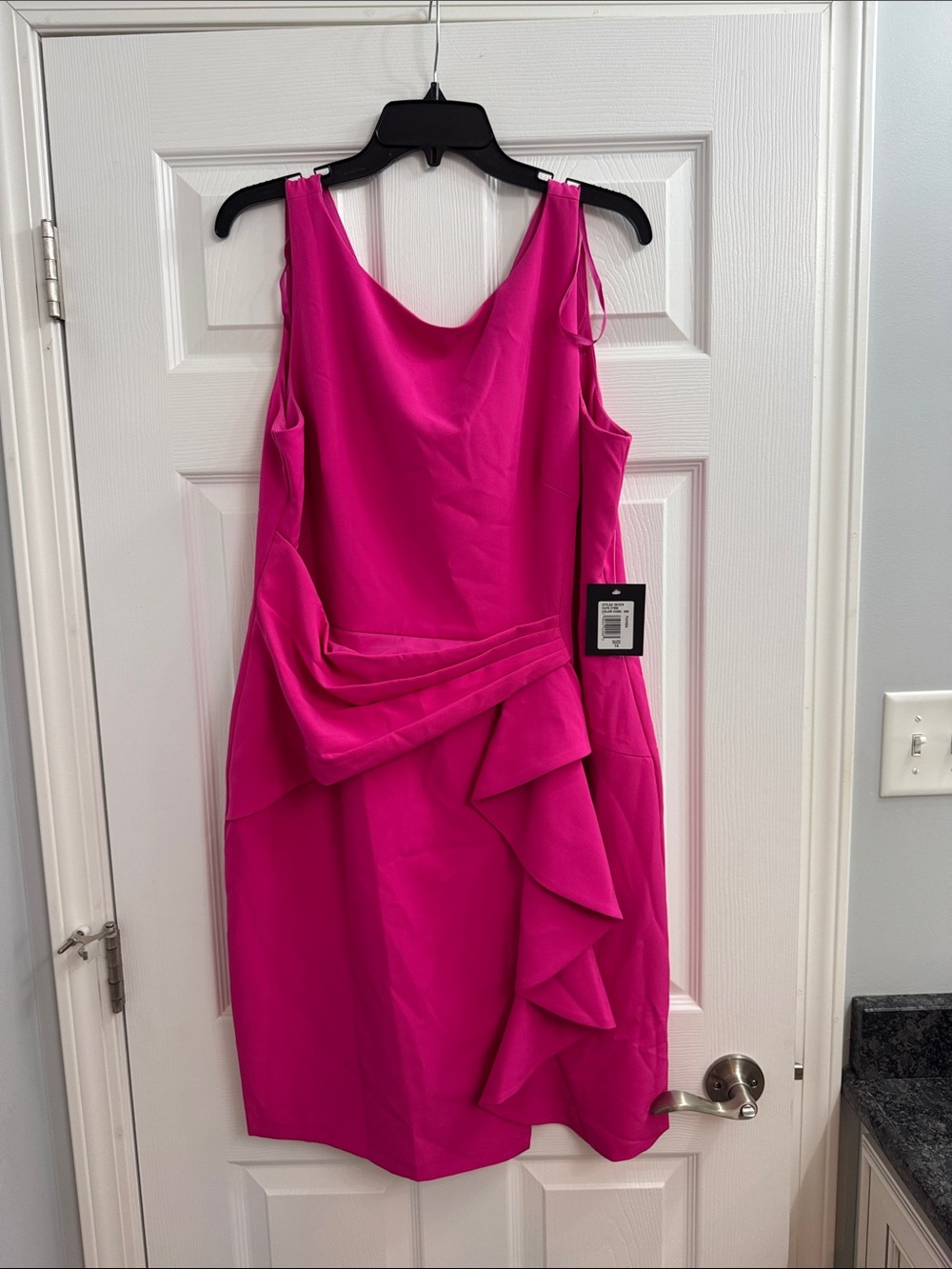 MARINA Hot Pink Sleeveless Midi Dress with Draped Ruffle